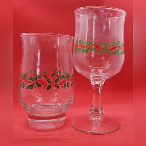 2 Vintage Holly Glasses 1 Stemmed & 1 Tumbler